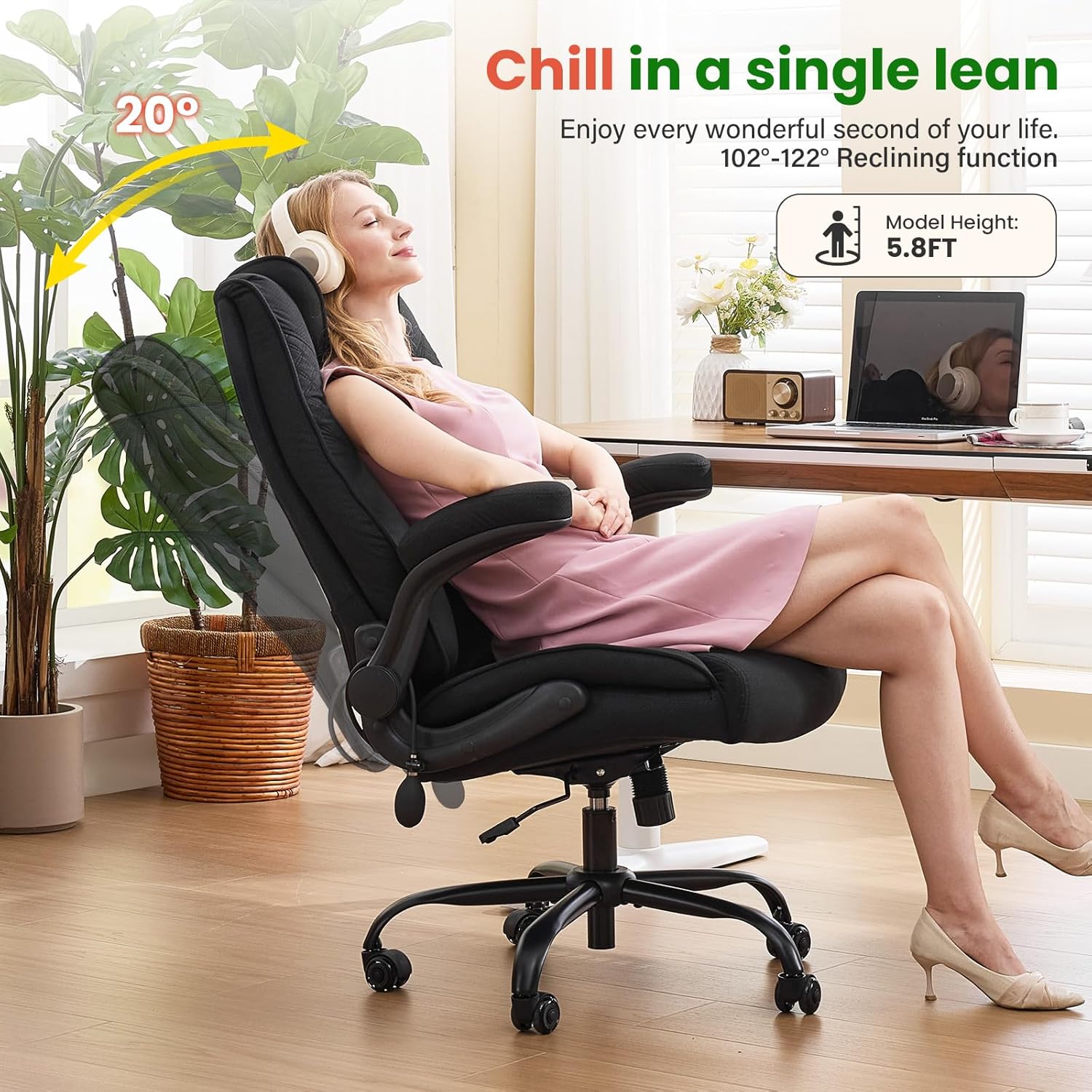 500lbs Big and Tall Office Chair with Inflatable Lumbar Support, Rubber Wheels Executive Chair with Rocking Function, High Back Wide Cushion Leather Ergonomic Computer Desk Chair for All-Day Sitting