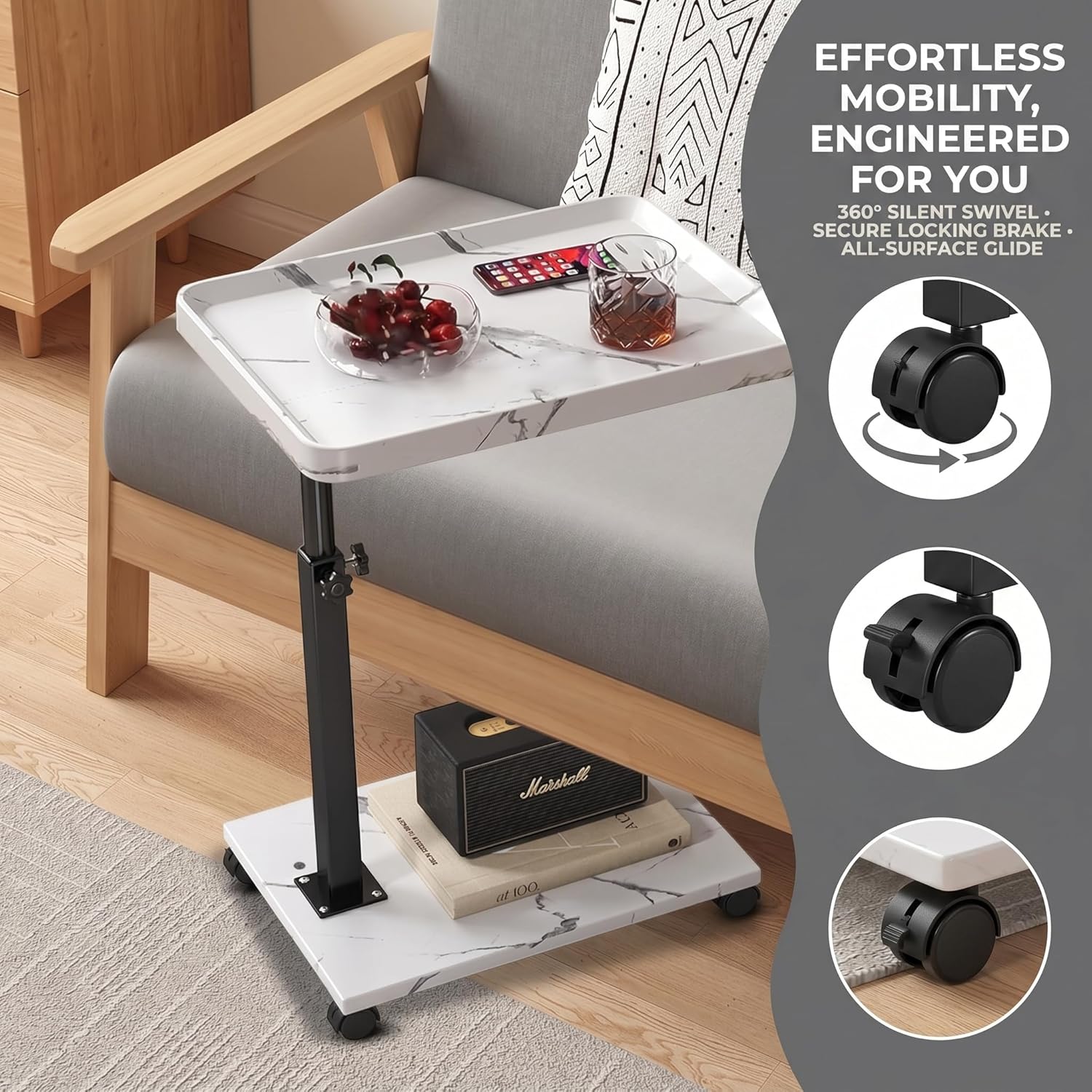 C Table End Table Adjustable Height, 360°Swivel TV Tray Table Couch Tables C Shaped Side Tables Living Room and Bedroom for Sofa, Bed,Chair (White Marble)