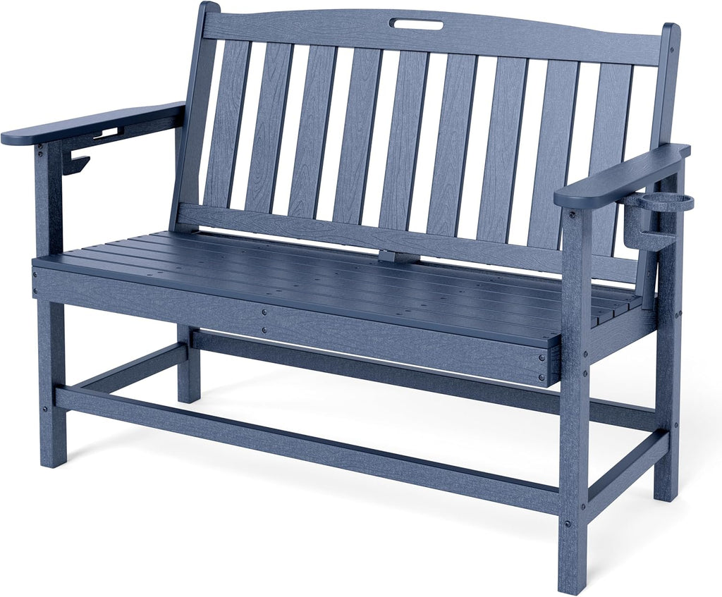 Sophia & William HDPE Outdoor Bench Weatherproof, 2-Person Garden Bench with Cup Holders, 700 lbs Capacity, Patio Benches for Porch, Garden, Backyard and Park, Navy