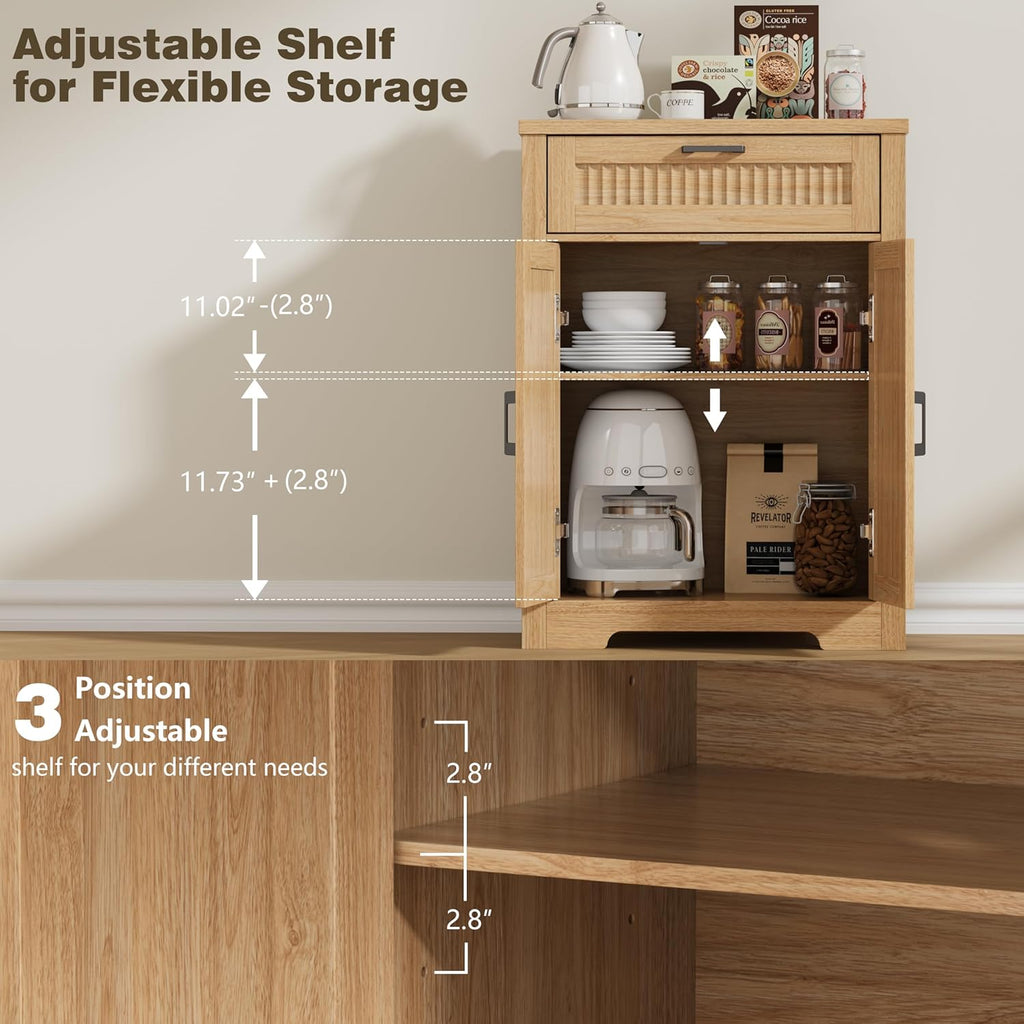 Buffet Cabinet with Storage Drawer, Farmhouse Coffee Bar Table with Storage Drawer and Adjustable Shelf, Small Fluted Sideboard Cabinet for Kitchen, Dining Room, Living Room, Entryway, Natural Oak