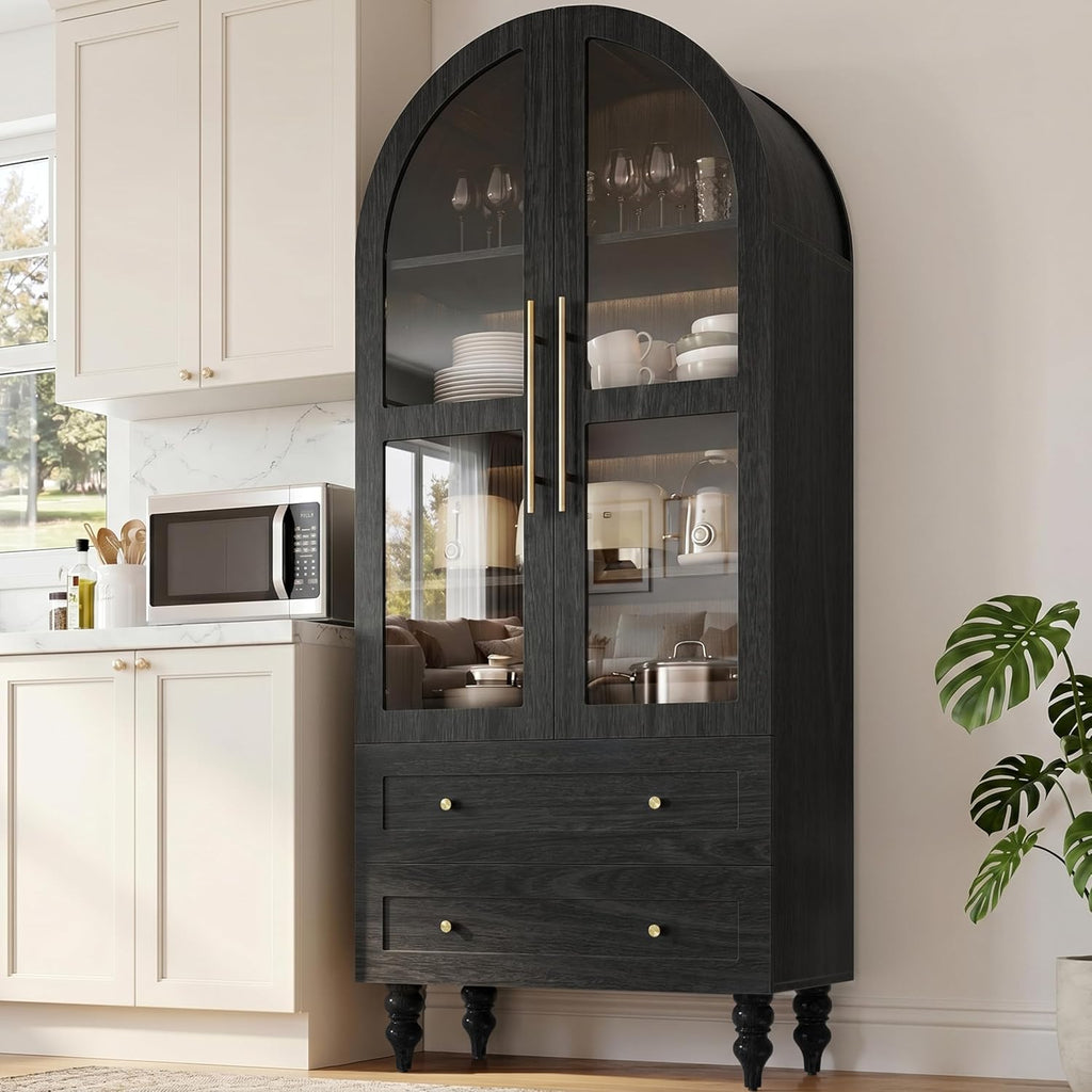 Shintenchi Tall Arched Kitchen Pantry, Modern Farmhouse Wood Kitchens Storage Cabinet with Glass Doors & Adjustable Shelves and 2 Large Drawers,Versatile Cupboard for Kitchen, Dining Room, Black
