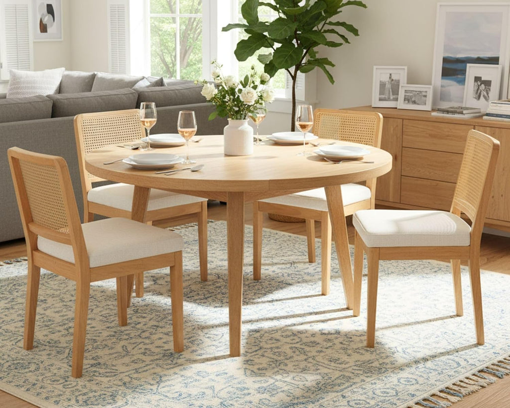 HNY Modern Farmhouse Rattan Dining Chairs Set of 4 Beige Chenille Upholstered Dining Room Chair with Cane Back Mid Century Natural Wood Kitchen Chairs, Boho Accent Wicker Woven Chairs for Living Room