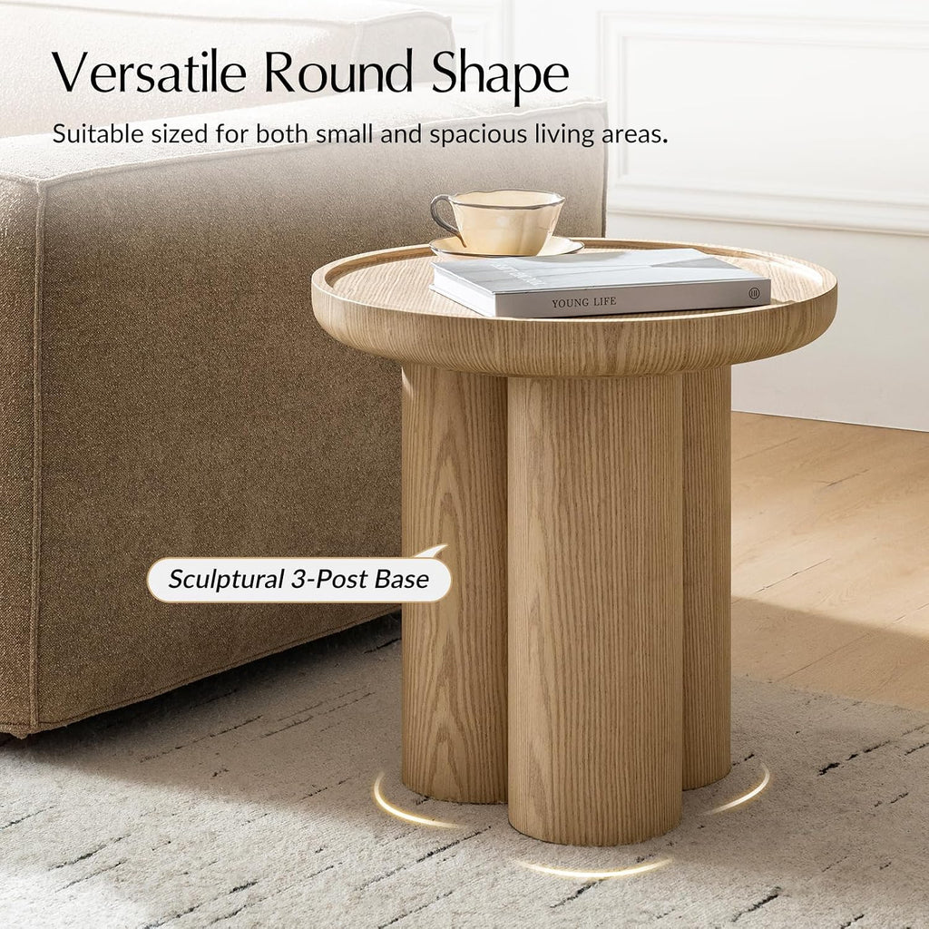 HULALA HOME Modern Round Side Table, 19.75" Oak Wood Veneer End Table with Sculptural 3-Post Base, Fully Assembled Contemporary Accent Table for Living Room, Bedroom, Small Spaces, Oak