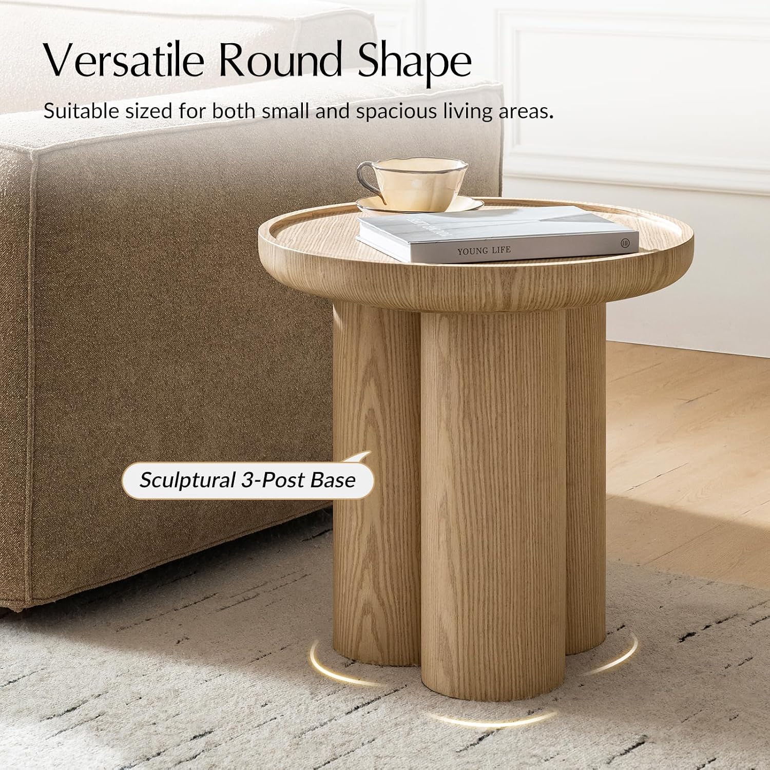 HULALA HOME Modern Round Side Table, 19.75" Oak Wood Veneer End Table with Sculptural 3-Post Base, Fully Assembled Contemporary Accent Table for Living Room, Bedroom, Small Spaces, Oak