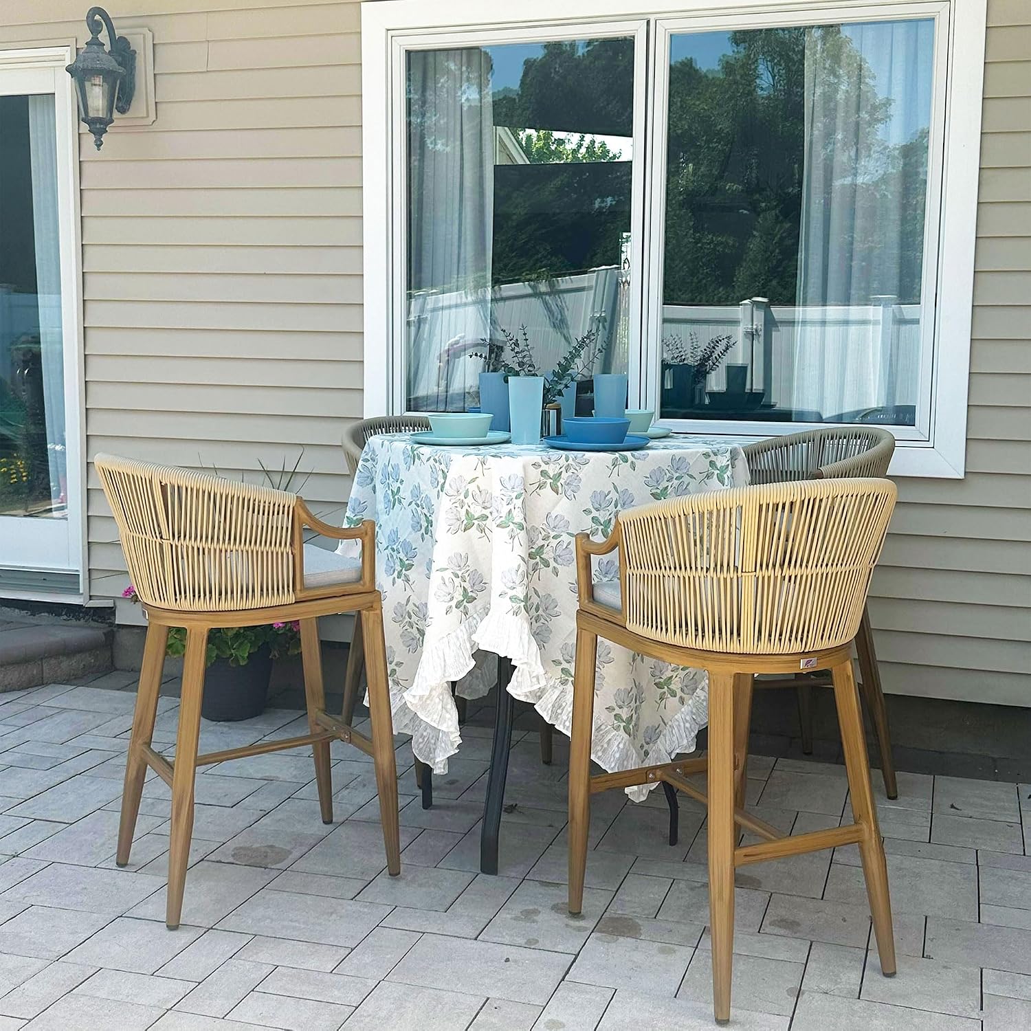 PURPLE LEAF Patio Bar Stools Set of 2 Outdoor Wicker Modern High Bar Chairs Metal Cushioned Barstools with Backs and Ergonomic Armrest for Balcony Garden Indoor Kitchen Island, Teak