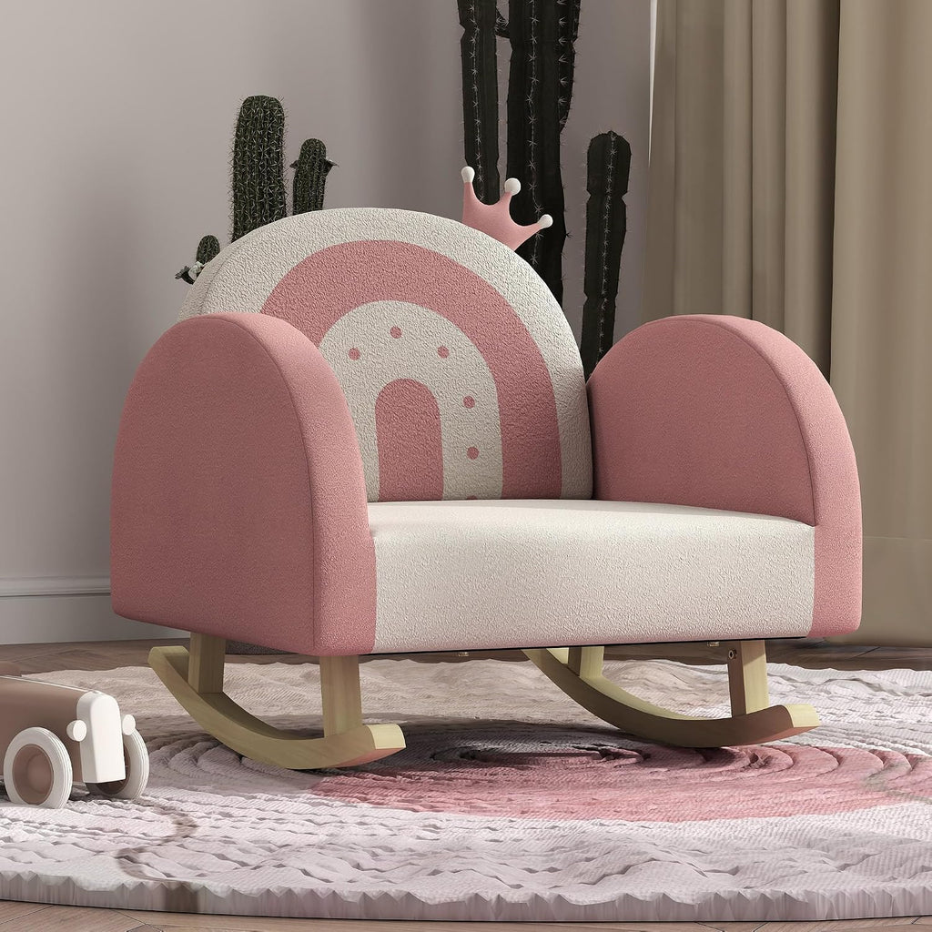 Qaba Kids Rocking Chair, Princess Crown Toddler Chair, Children's Armchair Rocker with Rainbow Backrest for Bedroom, Playroom, Pink