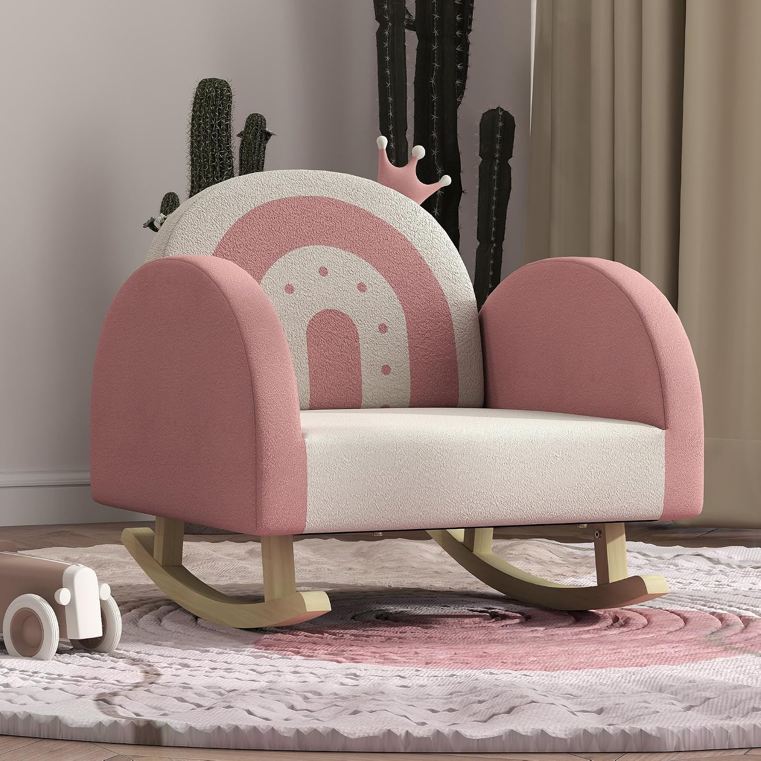 Qaba Kids Rocking Chair, Princess Crown Toddler Chair, Children's Armchair Rocker with Rainbow Backrest for Bedroom, Playroom, Pink