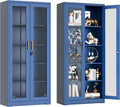 UNICOLY Lockable Display Cabinet with Glass Doors, Curio Cabinets with 4 Adjustable Shelves, Liquor Bookcase Bookshelf with Doors, Metal Storage Cabinet for Living Room Pantry, Blue