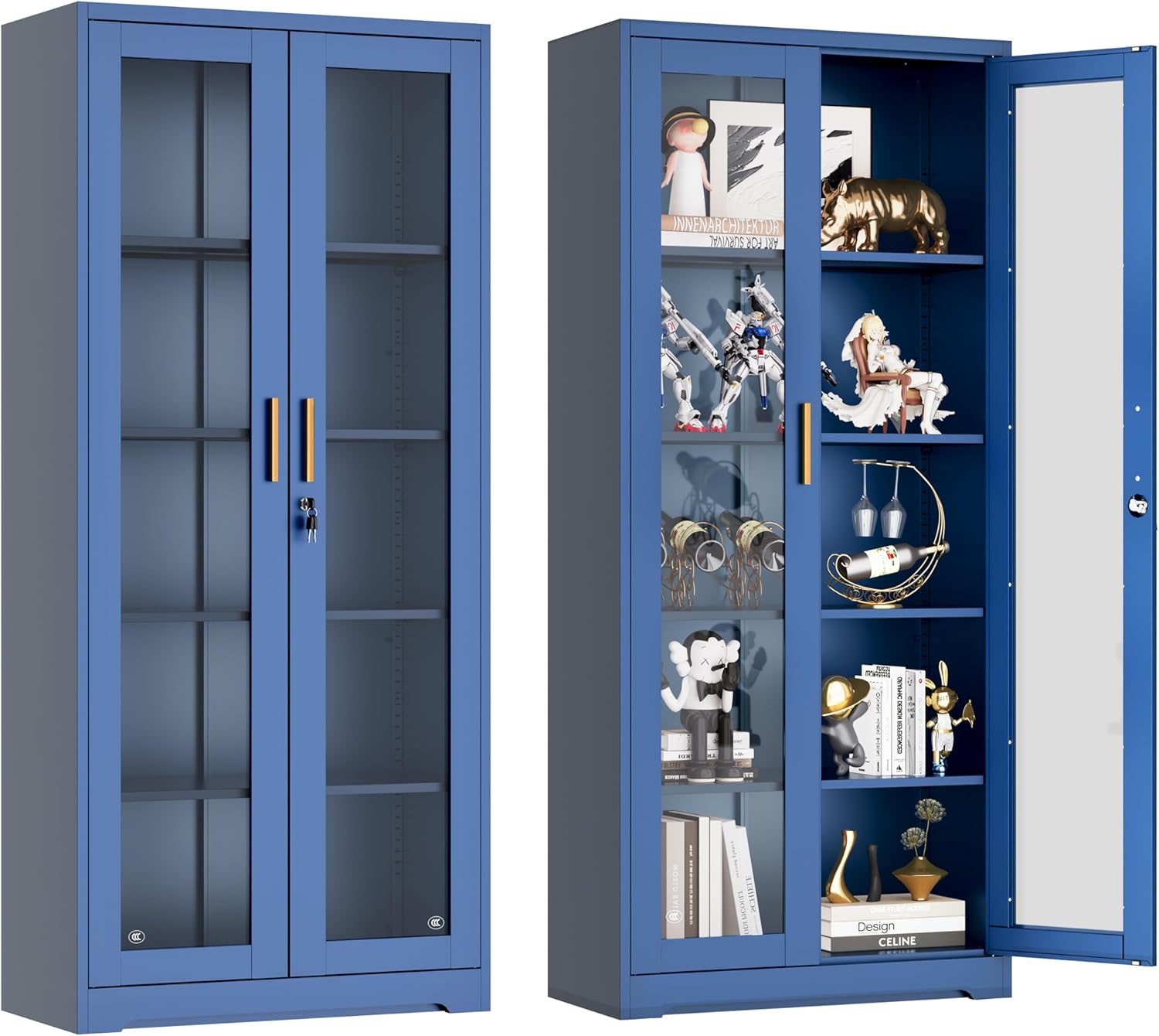 UNICOLY Lockable Display Cabinet with Glass Doors, Curio Cabinets with 4 Adjustable Shelves, Liquor Bookcase Bookshelf with Doors, Metal Storage Cabinet for Living Room Pantry, Blue