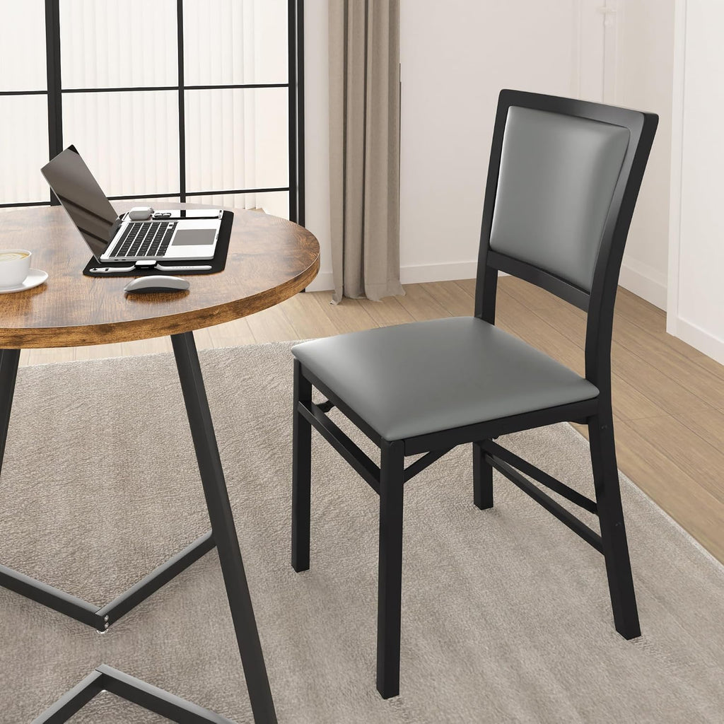 VECELO Folding Chairs Set of 4 with Cushion, Foldable Padded Seats with Heavy Duty Metal Frame for Kitchen/Dining/Living Room, No Assembly & Space Saving Design, Grey