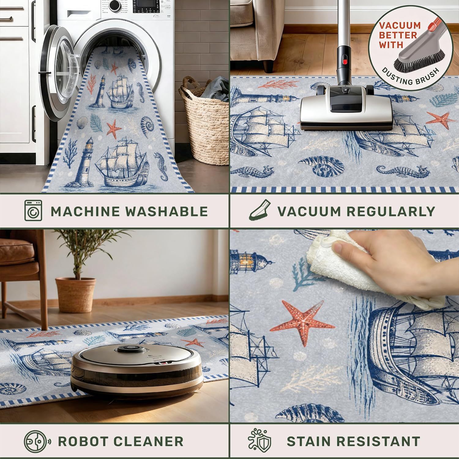 Vintage Nautical Lighthouse Entryway Runner Rug 2' x 5', Coastal Beach Sailing Ship Blue Striped Border Kitchen Floor Carpets, Non-Slip Low-Profile Door Mat for Farmhouse Hallway Dining Room