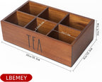 LBEMEY Tea Bag Organizer,Acacia Wood Tea Storage Containers with 6 Compartments, Sugar Packet Holder,Tea Bag Caddy Box for Cabinet Countertop Office (Brown- Labeled "TEA")