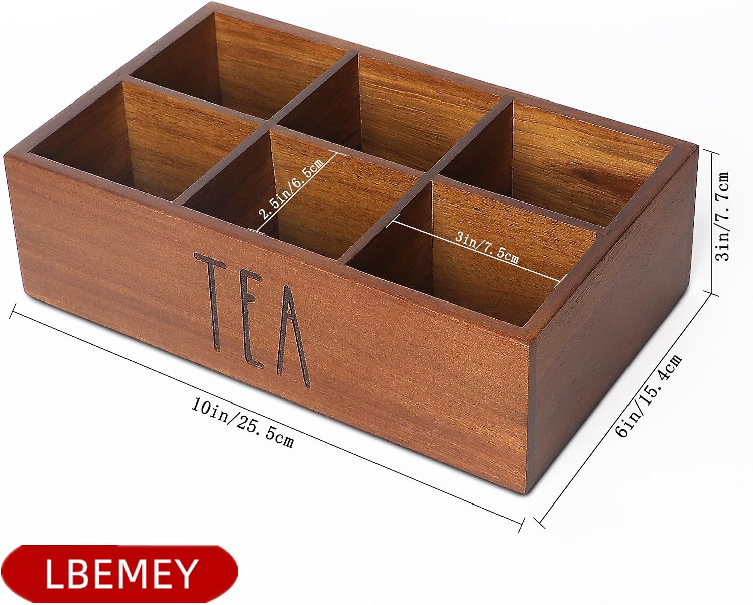 LBEMEY Tea Bag Organizer,Acacia Wood Tea Storage Containers with 6 Compartments, Sugar Packet Holder,Tea Bag Caddy Box for Cabinet Countertop Office (Brown- Labeled "TEA")