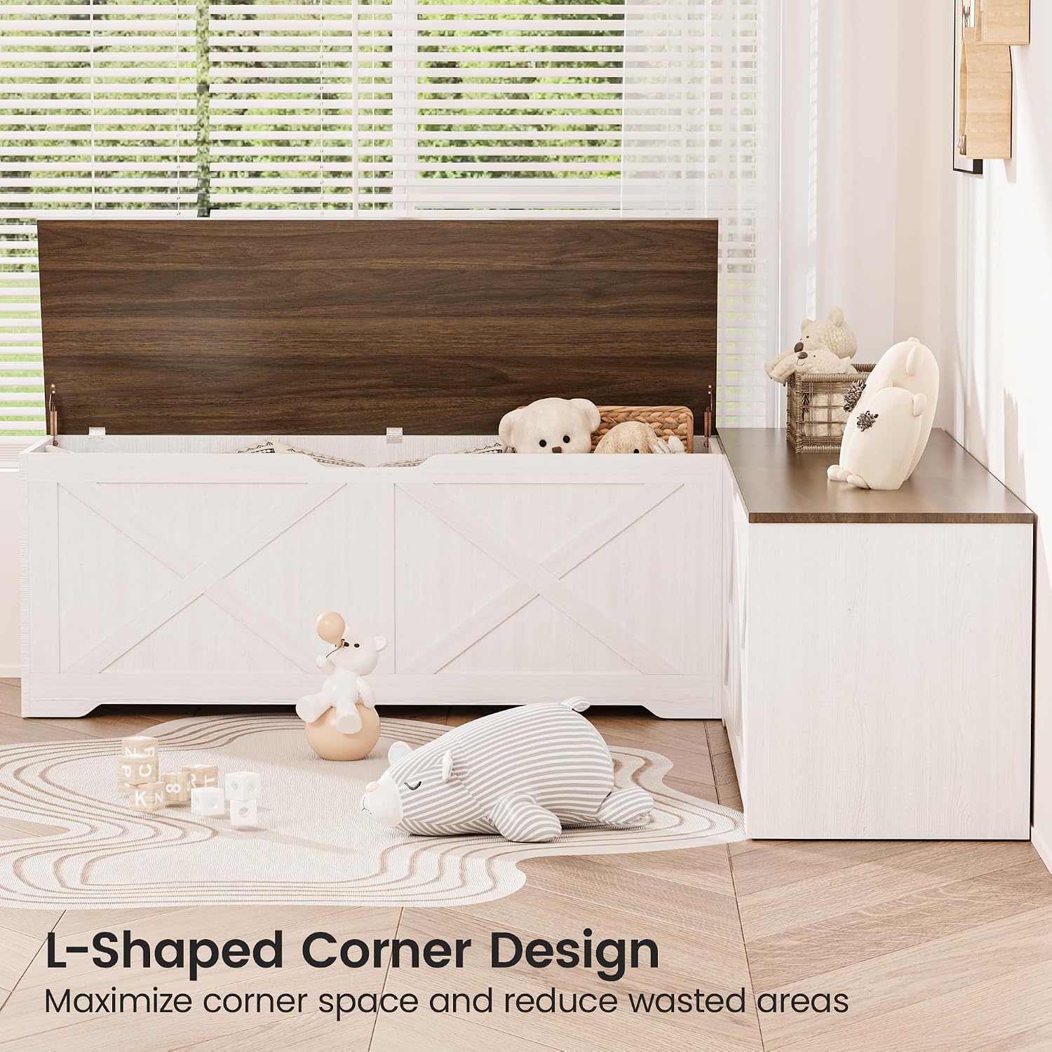 L Shaped Storage Bench, 63" Corner Bench with Storage, Breakfast Nook Bench with 3 Hidden Flip-Top Compartments, Backless Dining Bench for Kitchen, Entryway, Dining Room, Walnut White