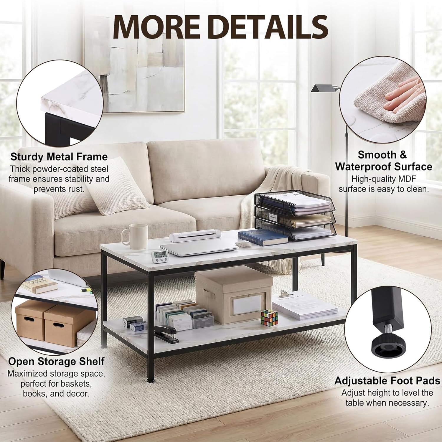 SUPER DEAL 2-Tier Coffee Table with Storage Shelf for Small Apartment Living Room, Rectangle Wood and Stable Metal TV Stand Side End Table, White Marble