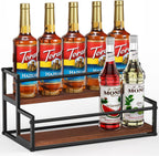THYGIFTREE Coffee Syrup Rack Organizer 2-Tier 10 Syrup Bottles Holder Stand Metal with Wood Base for Coffee Bar Storage Shelves for Kitchen Countertop Matte Black