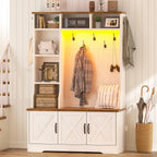 CSZZD Hall Tree with Bench and Shoe Storage, Farmhouse Entryway Bench with Coat Racks and Led Lights, Tall Hall Tree with 7 Coat Hooks, 6 Storage Cubbies, Adjustable Shelf