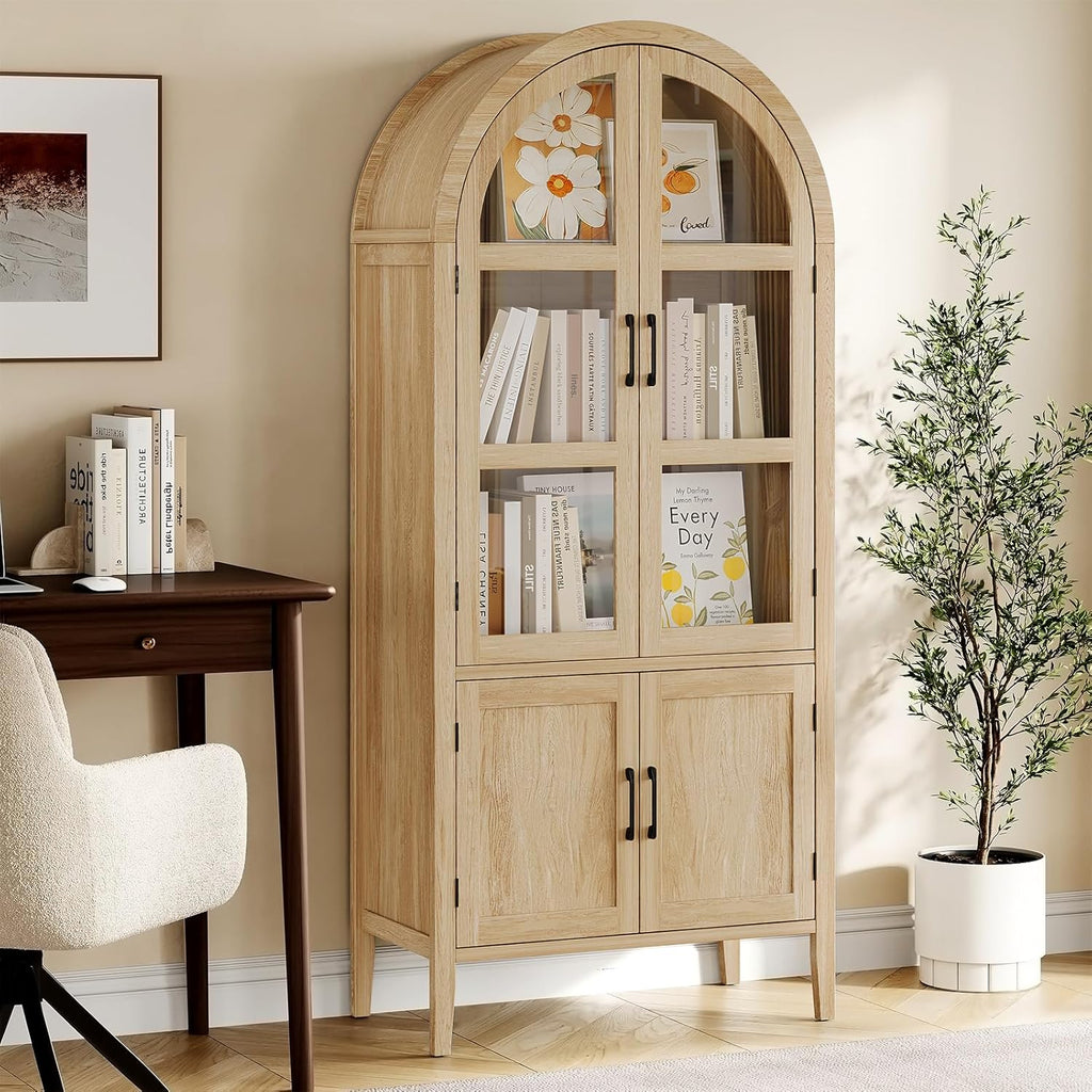 ONBRILL 71" Tall Arched Cabinet, 5-Tier Arched Kitchen Pantry with Glass Doors & Shelves, Modern Display Storage Cabinets with Adjustable Feet, Wooden Pantry Cabinet for Living Room, Dining Room