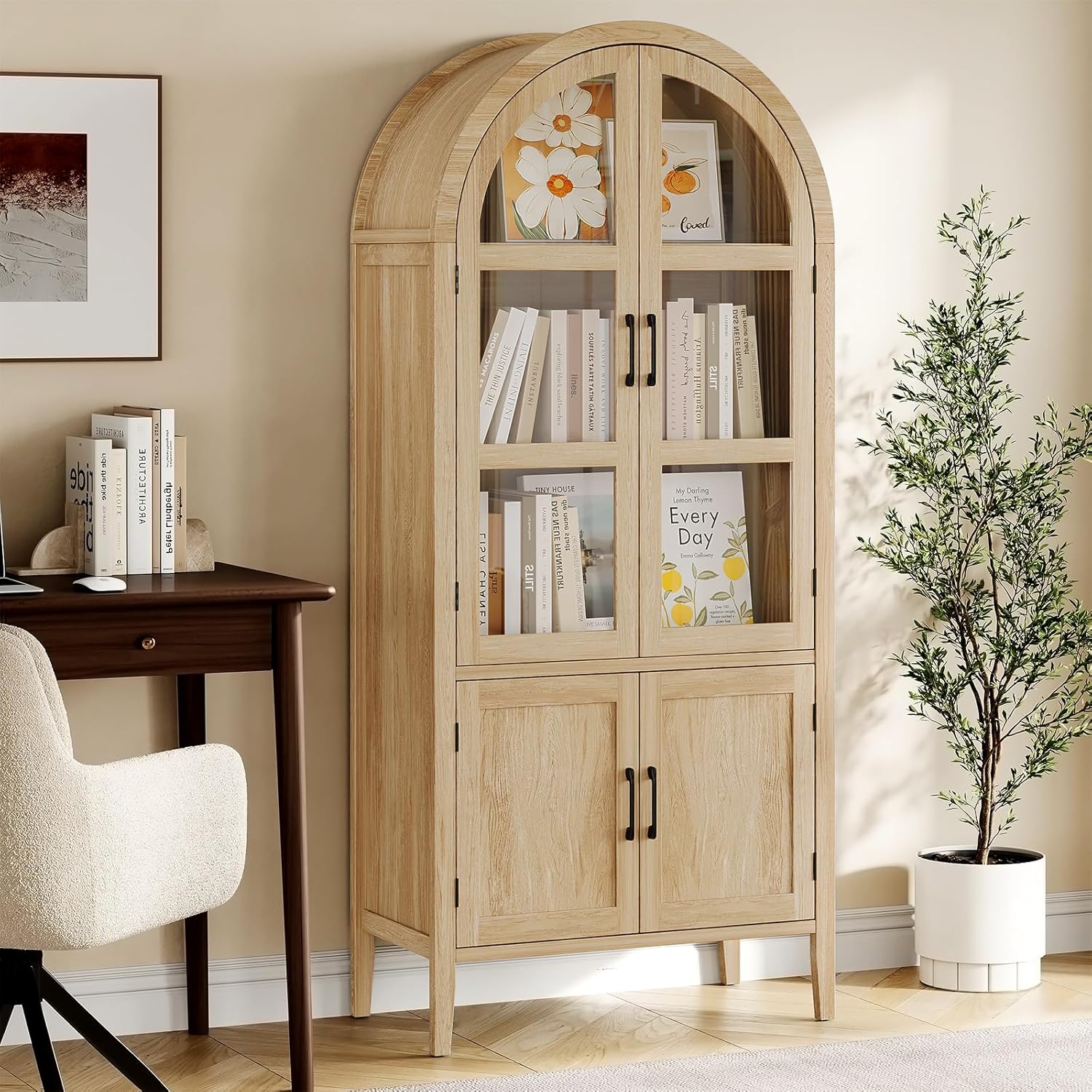 ONBRILL 71" Tall Arched Cabinet, 5-Tier Arched Kitchen Pantry with Glass Doors & Shelves, Modern Display Storage Cabinets with Adjustable Feet, Wooden Pantry Cabinet for Living Room, Dining Room