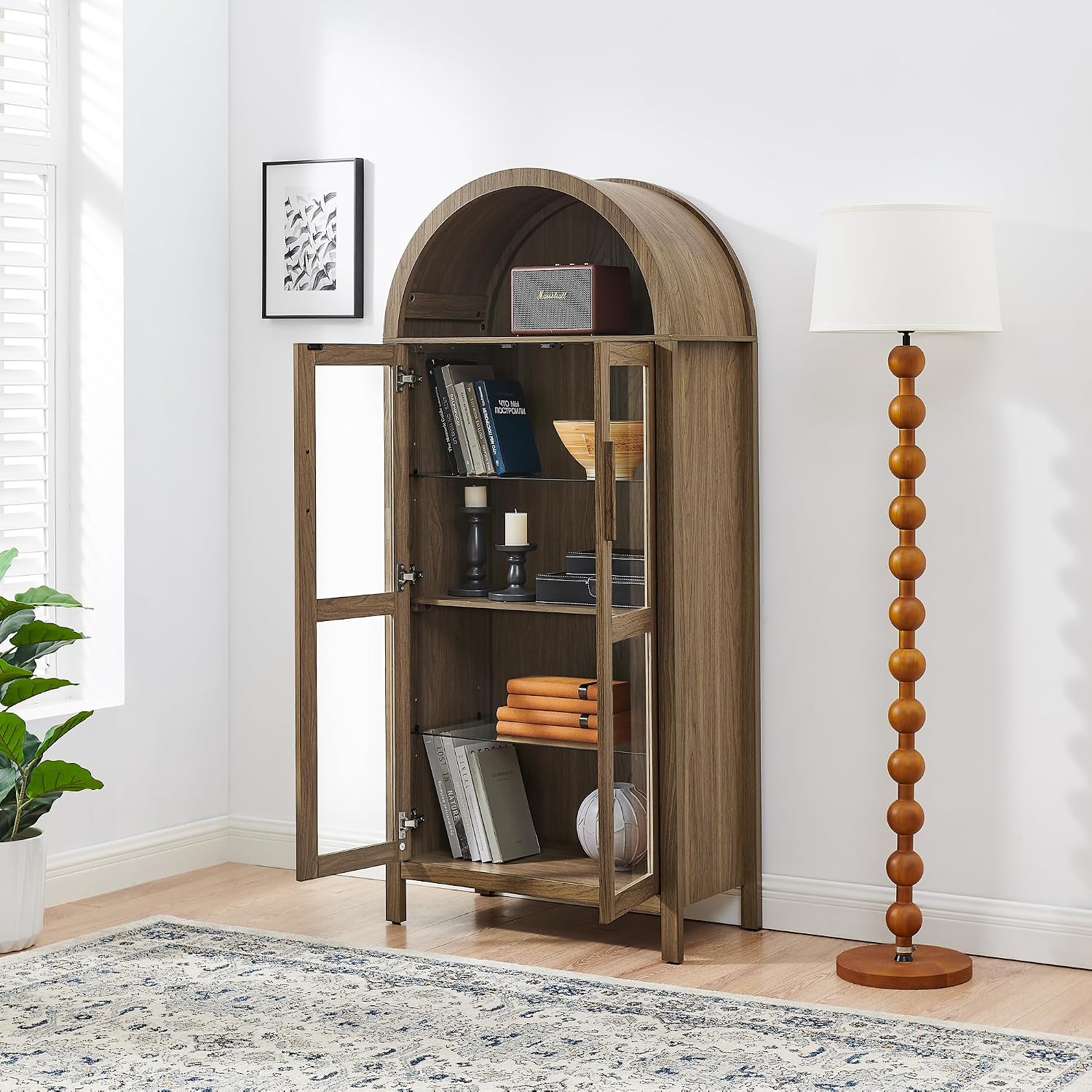 67" Arched Cabinet with Glass Doors: Pantry Cabinets for Kitchen Storage,Modern Retro Style Wooden,Book Display Shelf with Adjustable Glass Partitions & Light - for Kitchen,Entryway