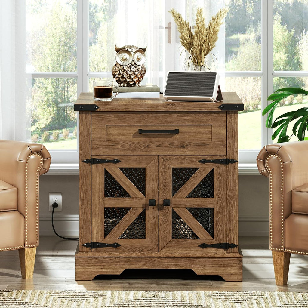 Farmhouse End Table Set of 2, 24" Large Sofa Side Table with Drawer, Large End Table for Living Room, Wooden Nightstand with Charging Station, Square, Walnut