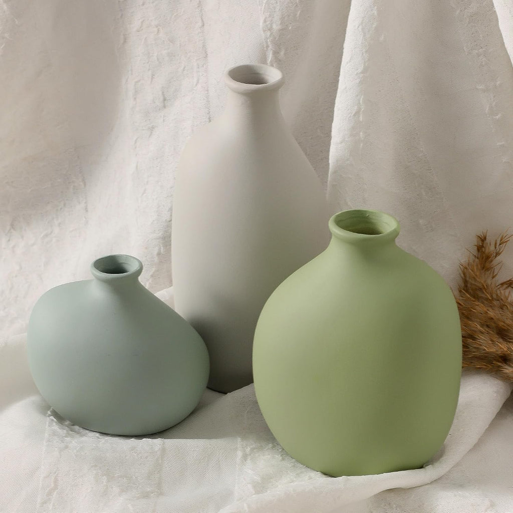 Ceramic Vase Set of 3, Small Rustic Farmhouse Pottery Vases for Home Decor, Perfect for Pampas Grass, Ideal for Living Room, Bedroom, Kitchen, Bathroom, Bookshelf, Table Centerpiece.