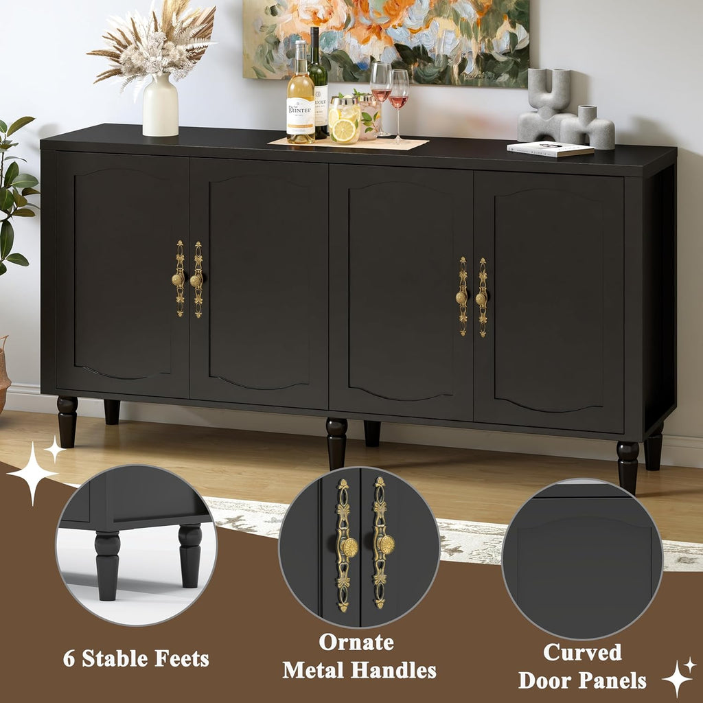 fineway 63" Sideboard Buffet Cabinet, Mid Century Modern Credenza Storage Cabinet with Adjustable Shelves & Carved Handles, Large Kitchen Buffet Table Coffee Bar for Dining Room & Living Room - Black
