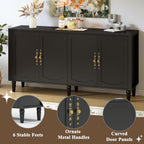 fineway 63" Sideboard Buffet Cabinet, Mid Century Modern Credenza Storage Cabinet with Adjustable Shelves & Carved Handles, Large Kitchen Buffet Table Coffee Bar for Dining Room & Living Room - Black