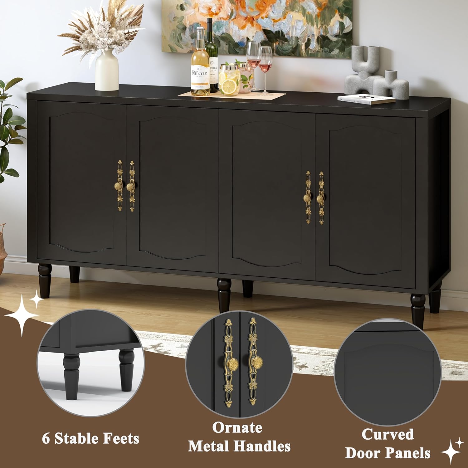 fineway 63" Sideboard Buffet Cabinet, Mid Century Modern Credenza Storage Cabinet with Adjustable Shelves & Carved Handles, Large Kitchen Buffet Table Coffee Bar for Dining Room & Living Room - Black