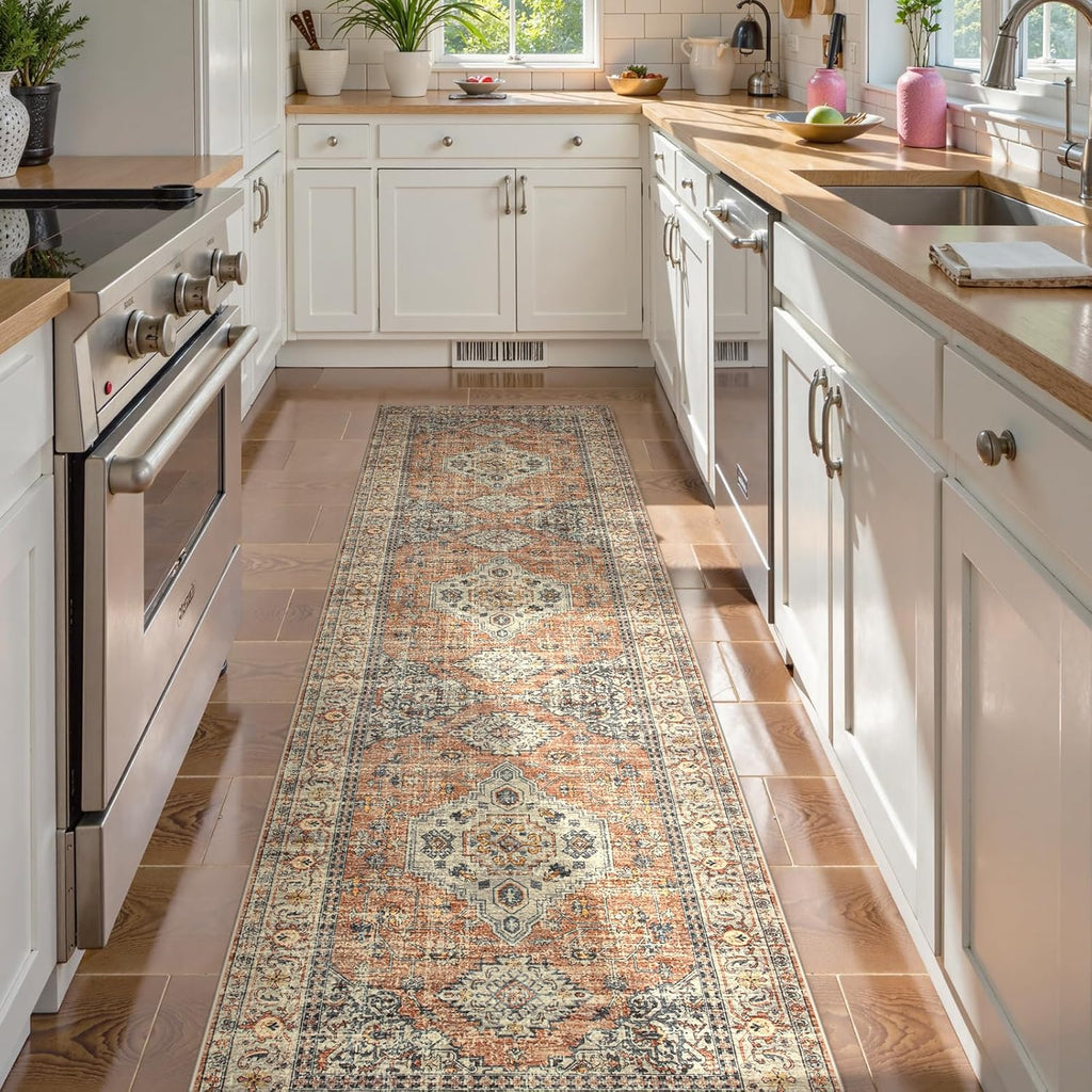 Lahome Oriental Kitchen Runners for Hallways, 2.5x10 Washable Runner Rug Non Slip, Soft Hallway Rug Distressed Ultra-Thin Long Carpet for Bathroom Entryway ‎Bedroom Eleanor, Peach/Orange