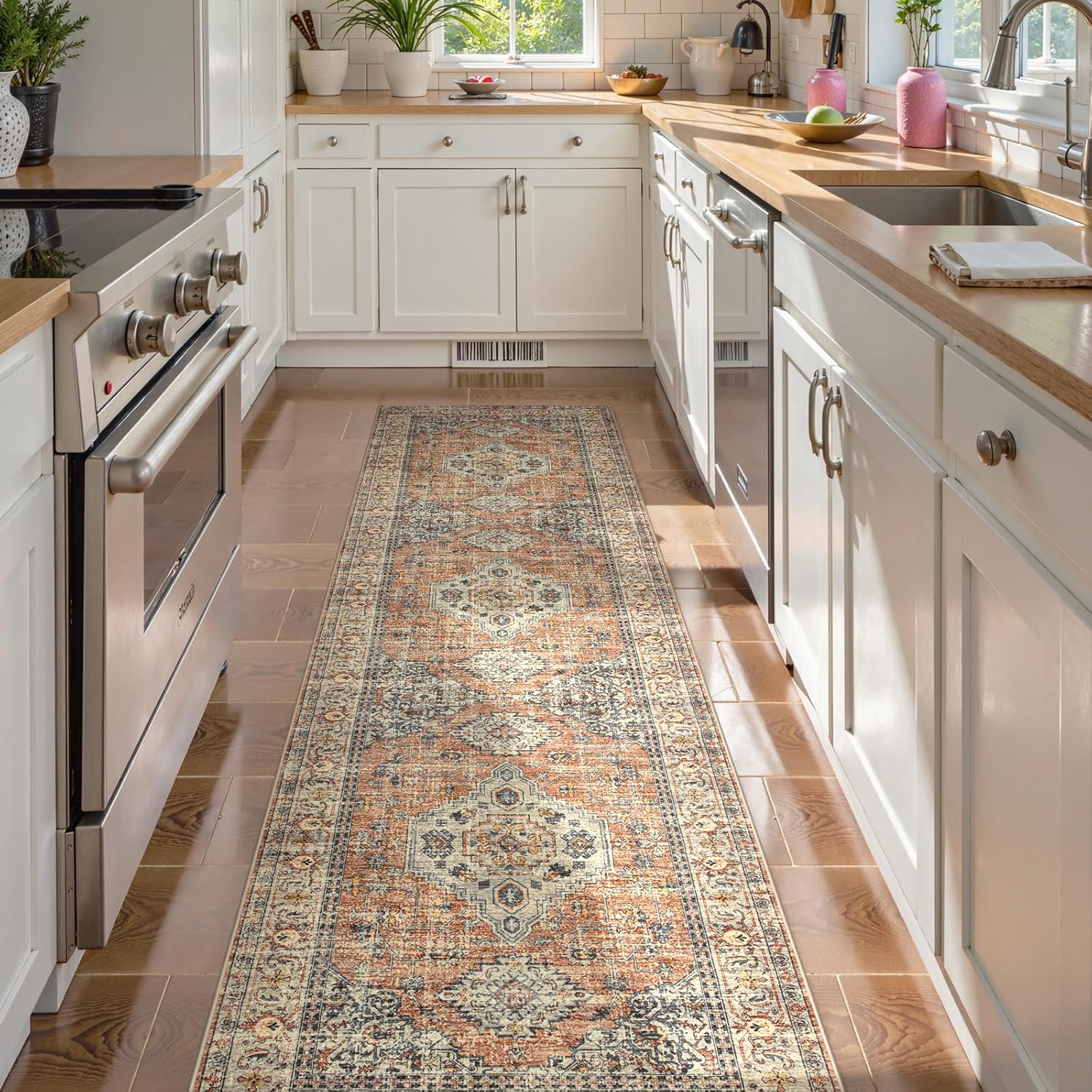 Lahome Oriental Kitchen Runners for Hallways, 2.5x10 Washable Runner Rug Non Slip, Soft Hallway Rug Distressed Ultra-Thin Long Carpet for Bathroom Entryway ‎Bedroom Eleanor, Peach/Orange