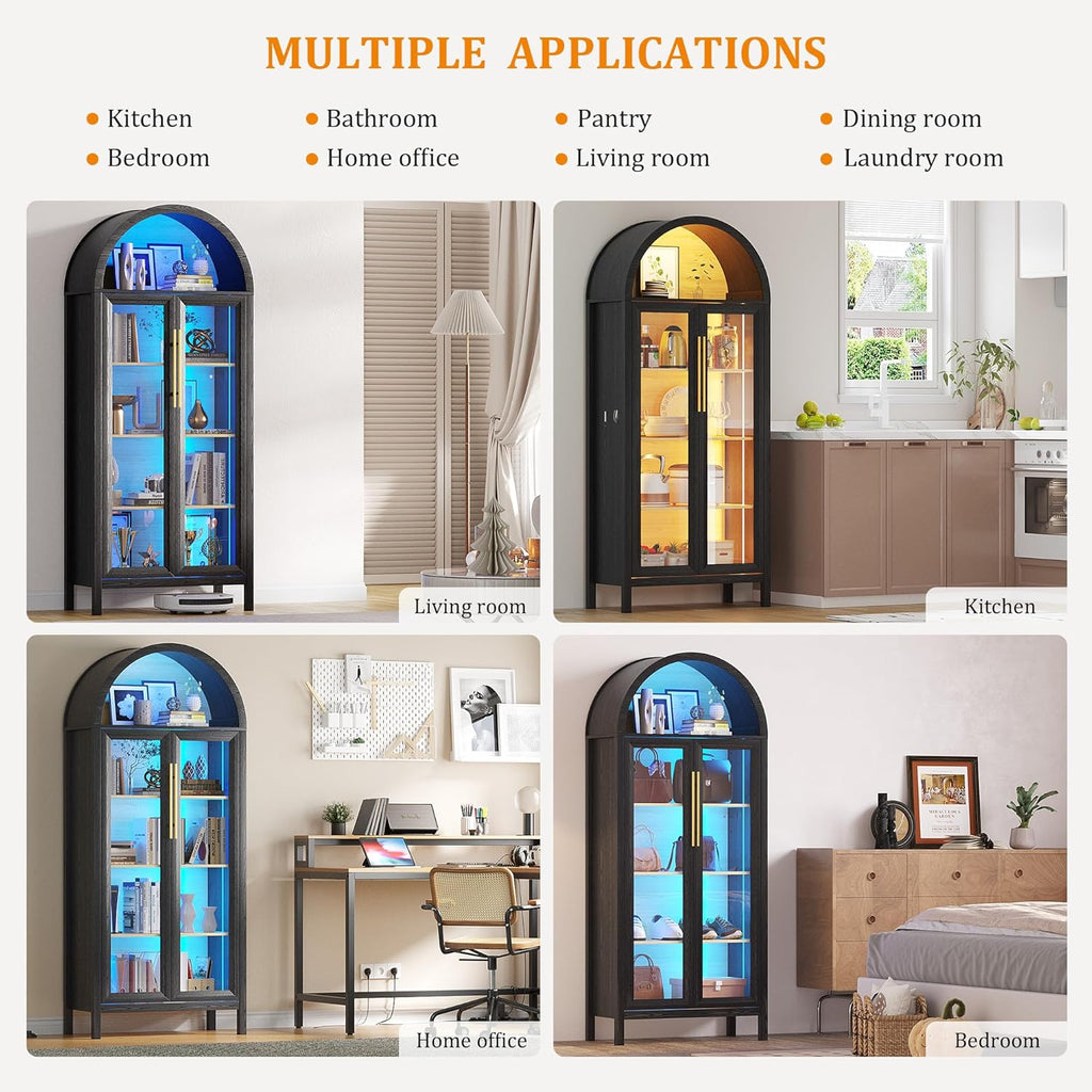 Dystler Display Cabinet with Glass Doors, 5-Tier Tall Curio Cabinet with LED Lights Display Case for Collectibles, Black