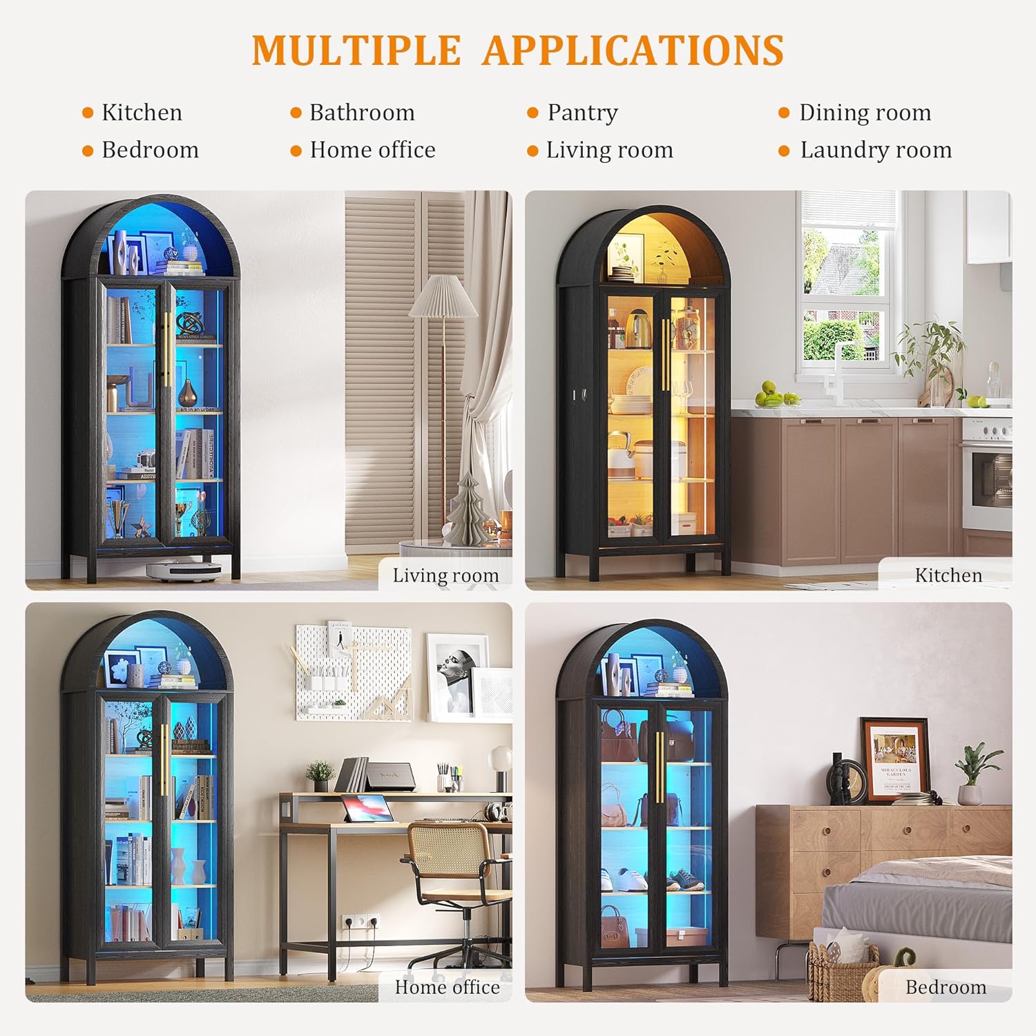 Dystler Display Cabinet with Glass Doors, 5-Tier Tall Curio Cabinet with LED Lights Display Case for Collectibles, Black