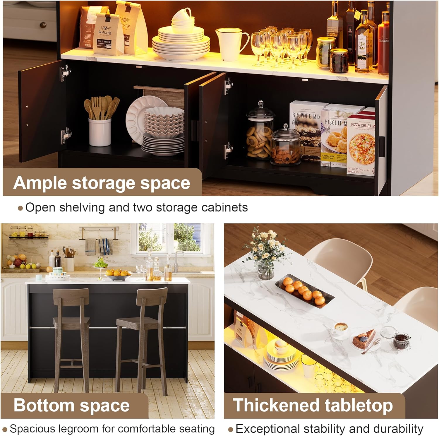 PAKASEPT 43'' Modern Kitchen Island with Storage,Imitation Marble Island Table with LED Lights & Cabinet for Kitchen, Dining Table for 4,Dining Room,Living Room,Home Bar,Black