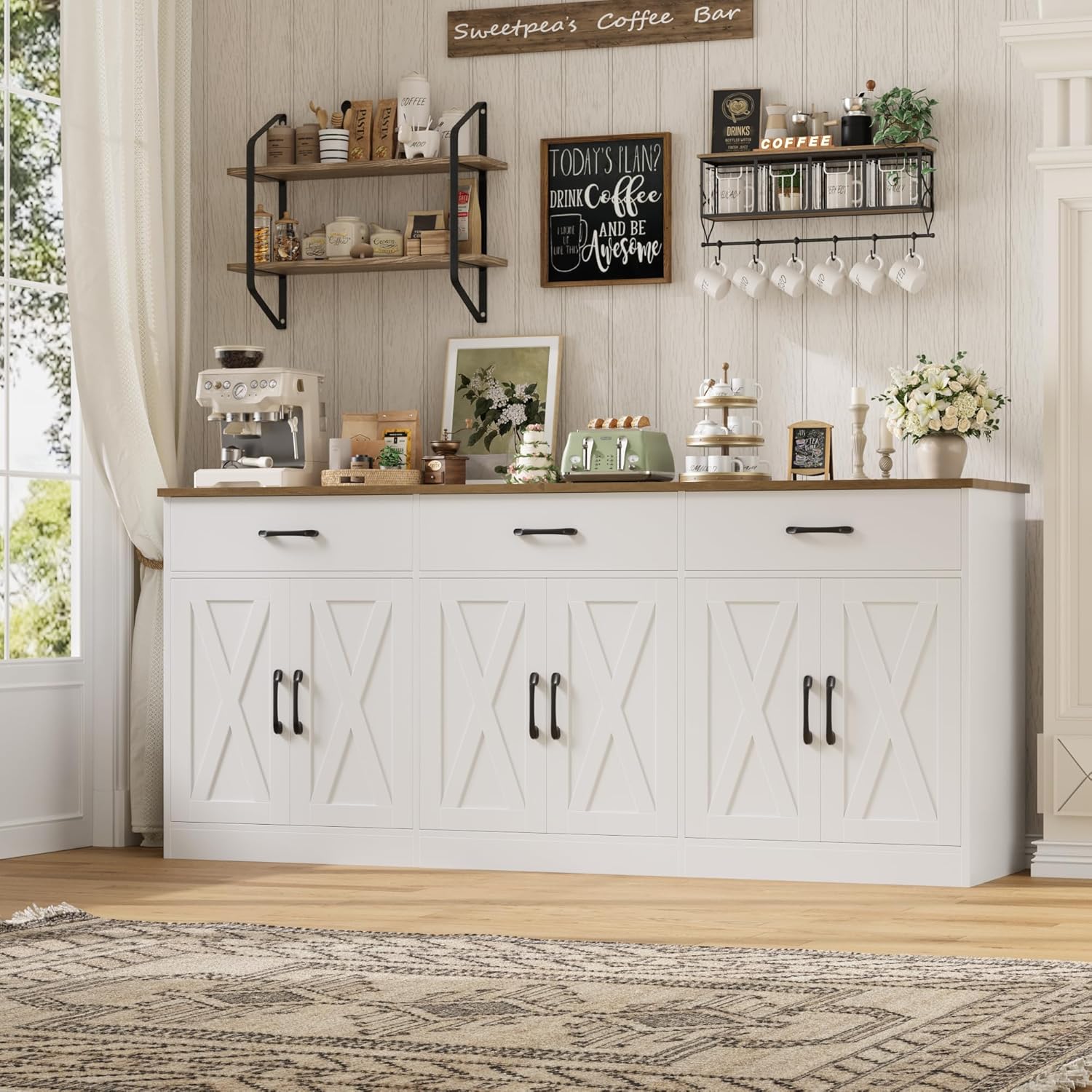HOSTACK 71" Large Sideboard Buffet Cabinet with Storage, Farmhouse Coffee Bar Cabinet with 3 Drawers, Long Kitchen Buffet Table, Kitchen Sideboard Storage Cabinet for Dining Room, Living Room, White