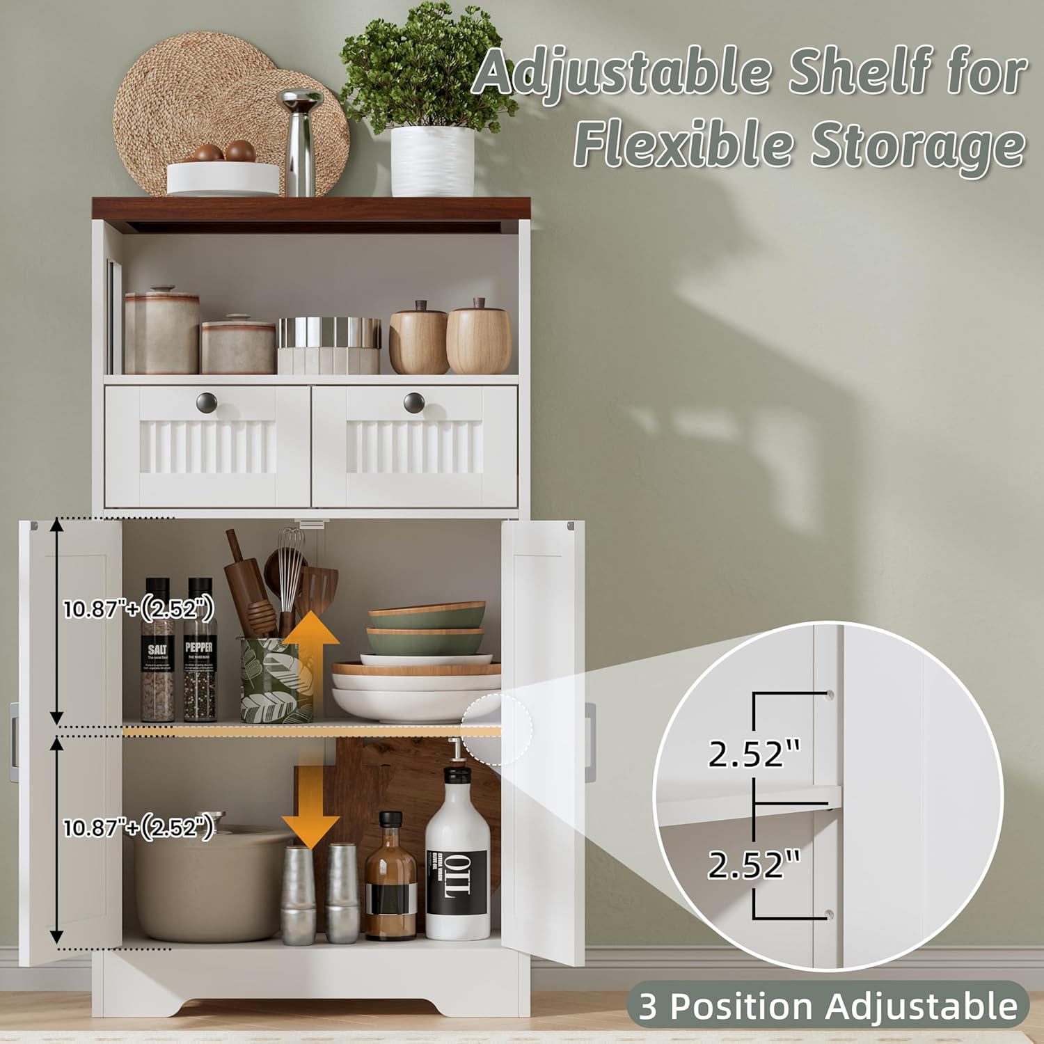 Buffet Cabinet, Fluted Sideboards with 2 Drawers and Doors, Open Compartment & Adjustable Shelf, Small Cabinet for Kitchen, Entryway, Modern White