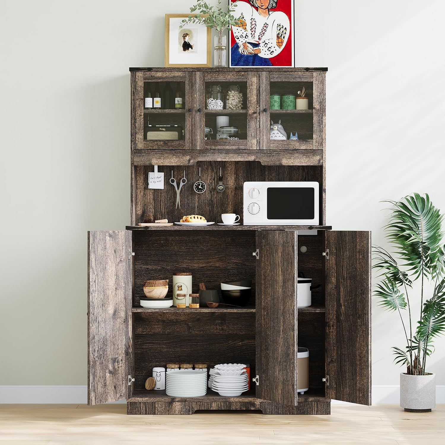 71" Tall Kitchen Pantry Cabinet with Charging Station, Farmhouse Kitchen Hutch Cabinet with Open Countertop, Coffee Bar Food Pantry Cupboard for Living Dining Room, Brown