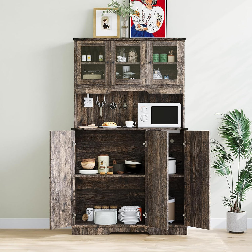 Freestanding Kitchen Pantry Cabinet with Acrylic Doors, 70'' Kitchen Hutch Storage Cabinet with Power Outlet & Microwave Stand, Cupboard Coffee Bar Food Pantry for Dining Room