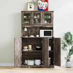 70in Tall Kitchen Pantry Cabinet, Wood High Freestanding Cupboard Storage Cabinet Farmhouse Coffee Bar with Charging Station and Adjustable Shelf for Dining Room, Dark Oak