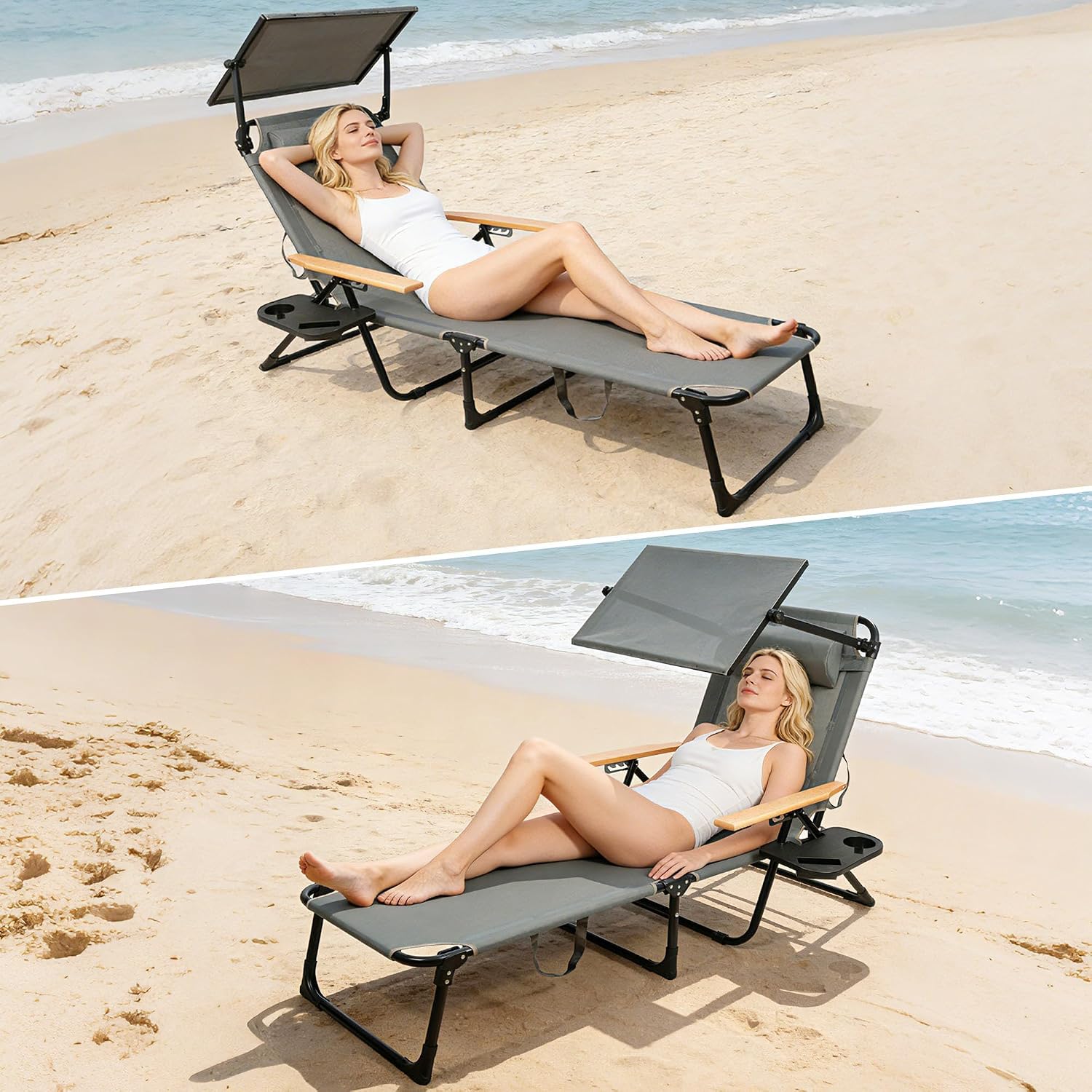 Outdoor Chaise Lounge Chair with 4-Position Adjustable Backrest,Patio Folding Sun Tanning Chair,Pillow & Cup Holder,Portable Recliner Sunbathing Lounger Chairs for Beach Garden (Grey with Shade)