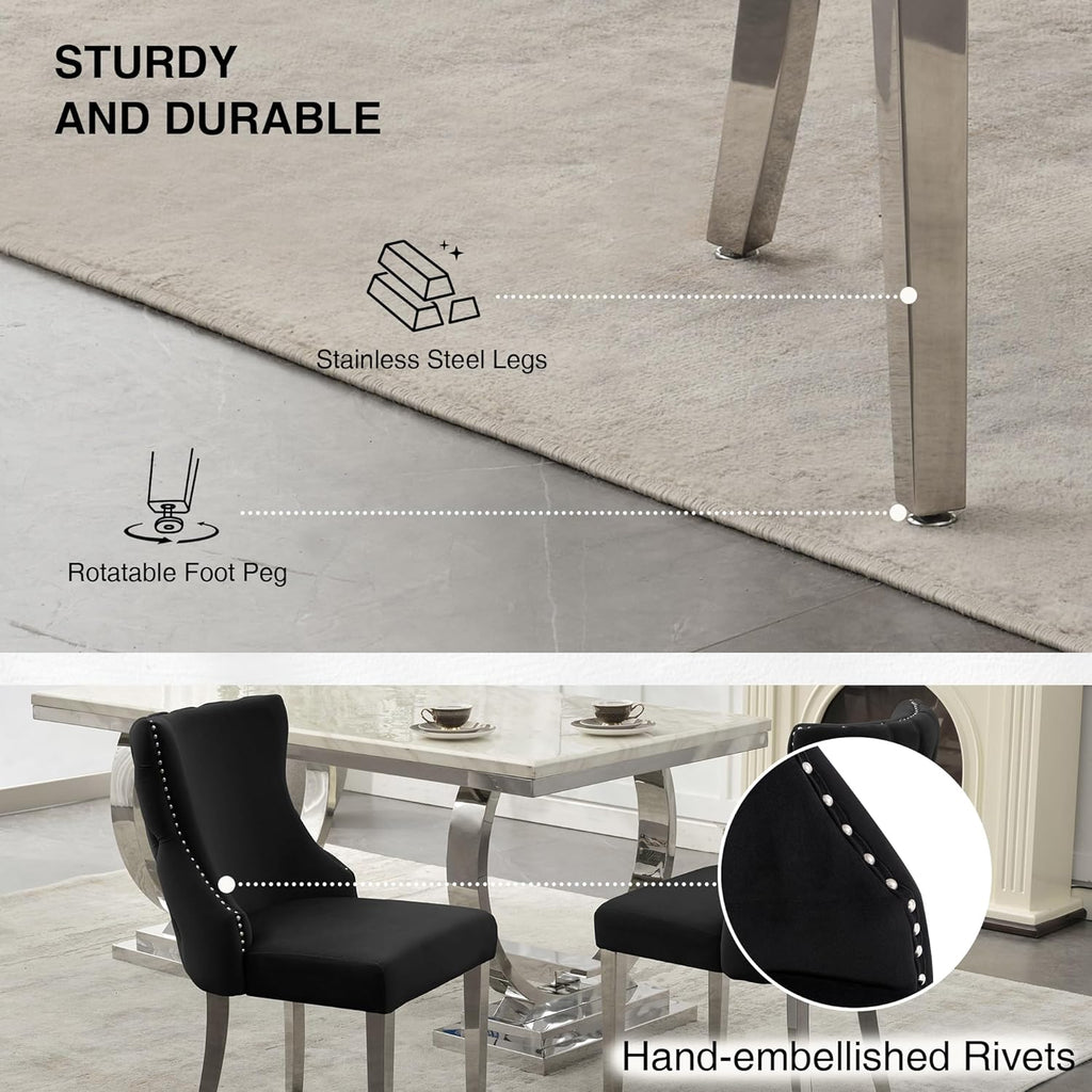 adochr Dining Chairs Set of 4, Velvet Upholstered Kitchen Chairs with Stainless Steel Legs, Button Tufted Back & Adjustable Feet, Black