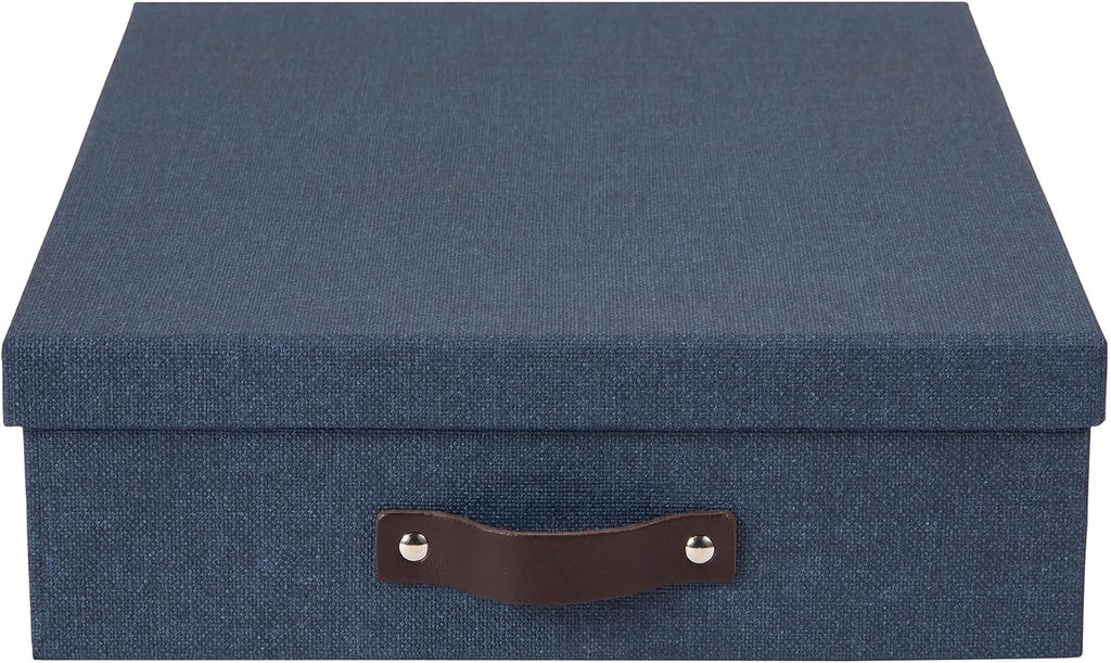 Bigso Oskar Canvas Fiberboard Document Letter Box - File Organizer Box for Important Paperwork - Document Storage with a Lid & Leather Handle - 3.3 in x 10.2 in x 13.8 in - Blue (Pack of 2)