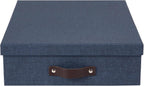 Bigso Oskar Canvas Fiberboard Document Letter Box - File Organizer Box for Important Paperwork - Document Storage with a Lid & Leather Handle - 3.3 in x 10.2 in x 13.8 in - Blue (Pack of 2)