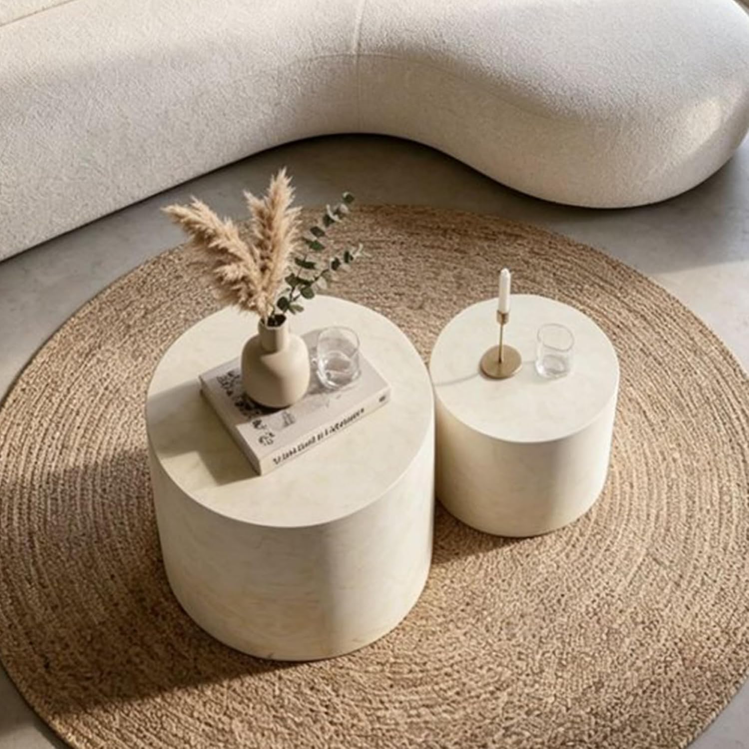 Nesting Round Coffee Table Set of 2, Accent End Table for Small Spaces, Morden Drum Side Table, Wooden Circle Center Table for Living Room, Fully Assembled - Faux Marble