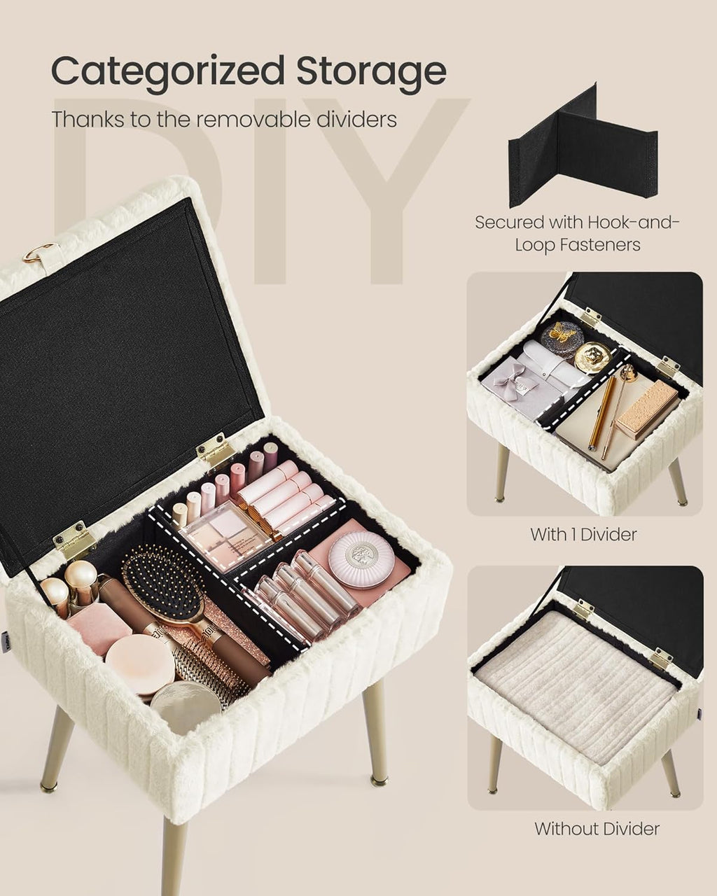 SONGMICS Vanity Stool Chair Faux Fur with Storage, Vanity Bench, Metal Legs, Adjustable Feet, for Living Room, Bedroom, Makeup Room, Cream White ULOM505WZ02
