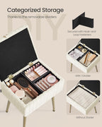SONGMICS Vanity Stool Chair Faux Fur with Storage, Vanity Bench, Metal Legs, Adjustable Feet, for Living Room, Bedroom, Makeup Room, Cream White ULOM505WZ02