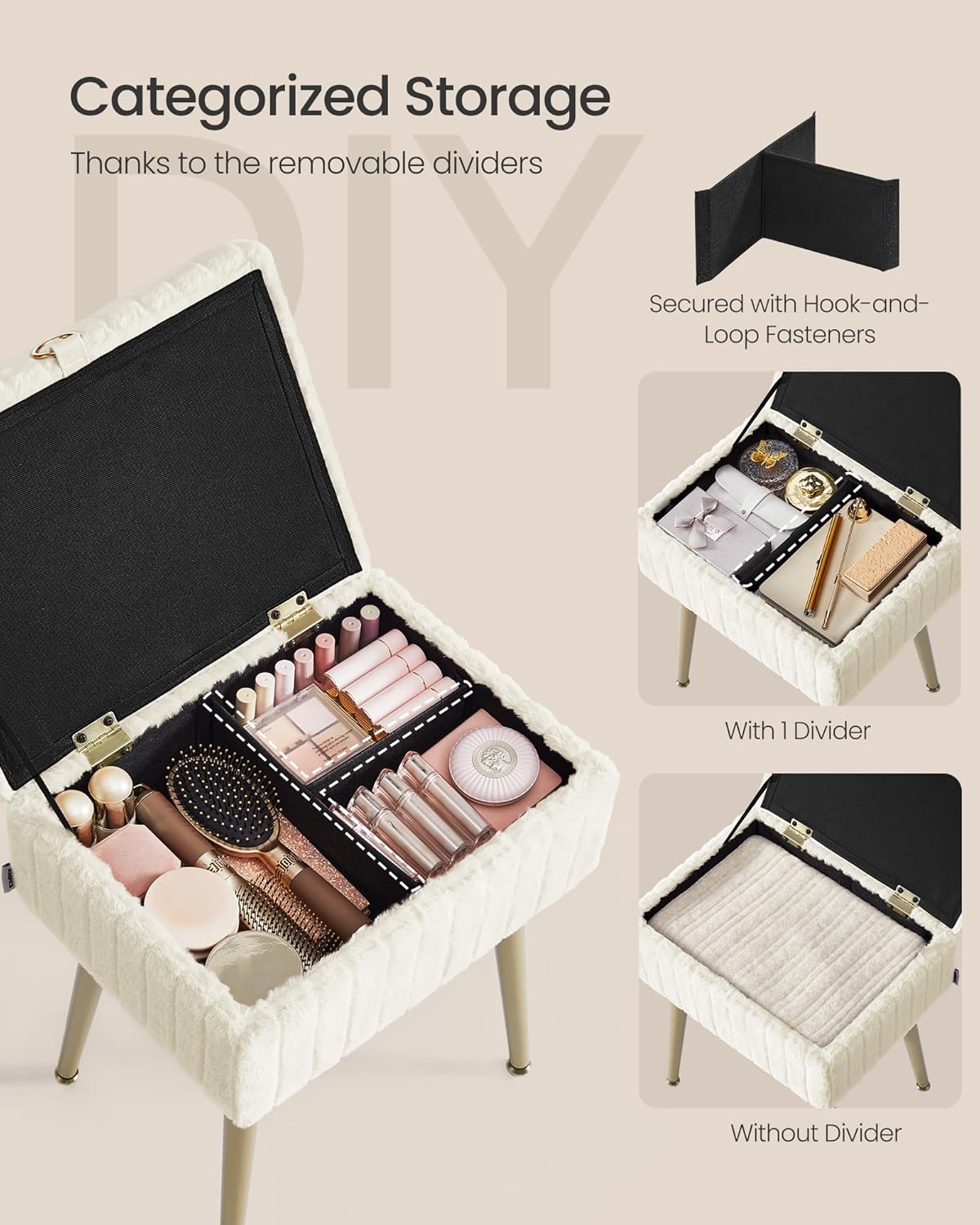 SONGMICS Vanity Stool Chair Faux Fur with Storage, Vanity Bench, Metal Legs, Adjustable Feet, for Living Room, Bedroom, Makeup Room, Cream White ULOM505WZ02