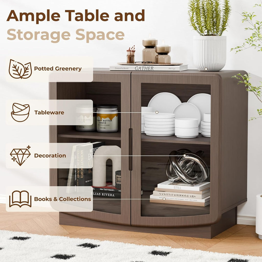 35" Sideboard Buffet Cabinet with Storage, Walnut Glass 2-Door Cabinet with Shelves, Modern Coffee Bar Credenza for Entryway, Kitchen & Living Room