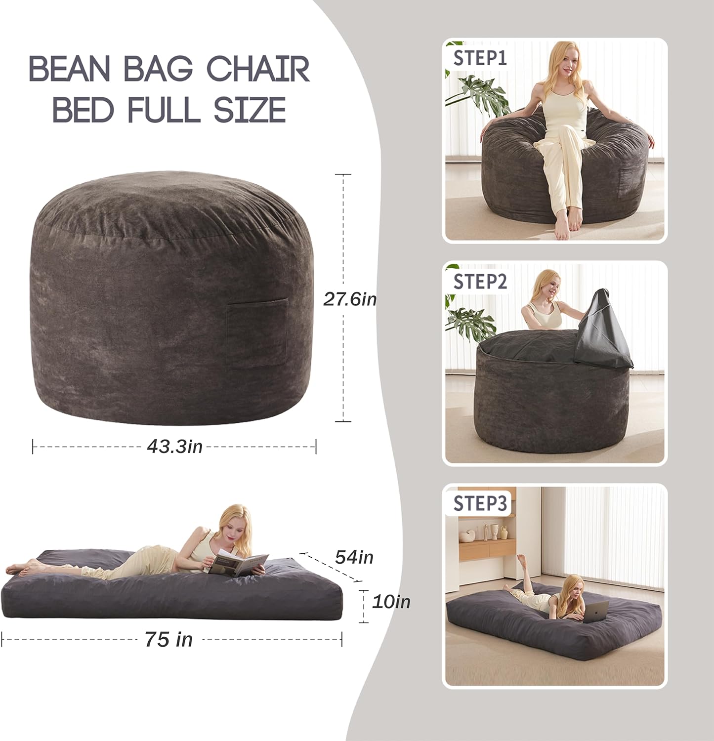 Bean Bag Chair Bed for Adults, Giant Bean Bag Chair Convertible Beanbag Bed, Large Floor Sofa Couch for Living Room, Bedroom, High-Density Foam Filling, Machine Washable (Full, Charcoal)