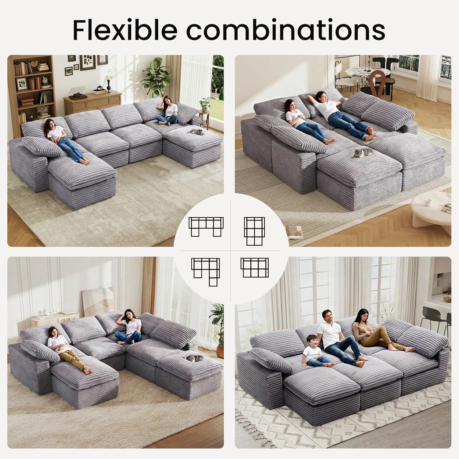 KKL 150" Modular Sectional Sofa, Cloud Sectional Couch U-Shaped with Ottoman, Corduroy Boneless Couch for Living Room Bedroom, Deep-Seat Upholstered Modular Cloud Sofa, No Assembly Required, Grey